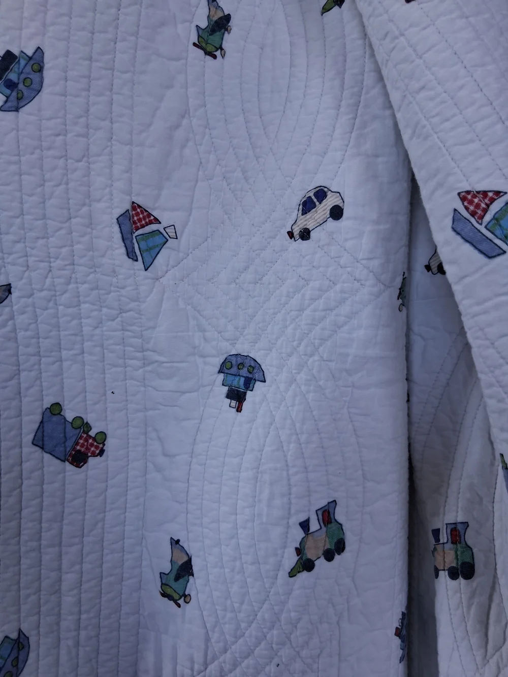 Tugboat Quilt White with Blue & Green Motif